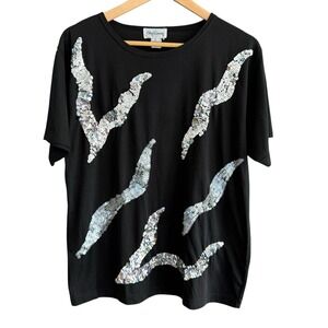 Vintage Oleg Cassini Sequin Embellished Black Top Abstract Glam Tee 80s Womens M